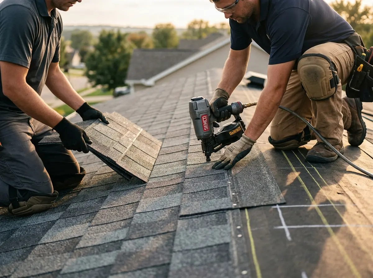 Professional roofer working on a residential roof in Elba